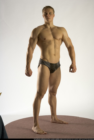 Man Young Muscular White Martial art Standing poses Underwear