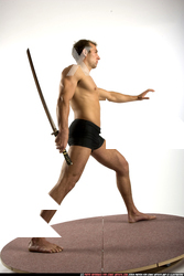 Man Adult Athletic White Fighting with sword Standing poses Underwear