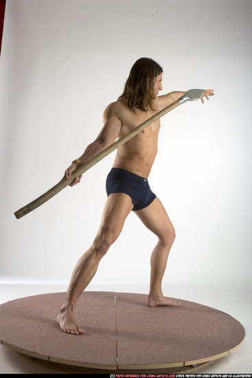 Man Adult Muscular White Fighting with spear Standing poses Underwear
