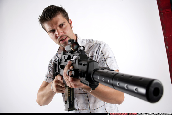 Man Adult Average White Fighting with submachine gun Standing poses Casual