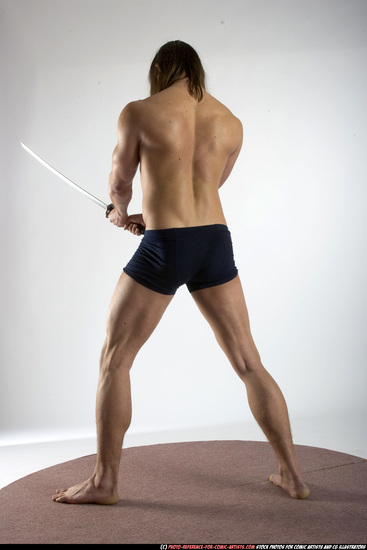 Man Adult Muscular White Fighting with sword Standing poses Underwear