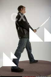 Adult Muscular White Fighting with sword Standing poses Sportswear