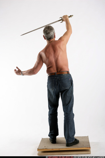 Man Old Chubby White Fighting with sword Standing poses Pants