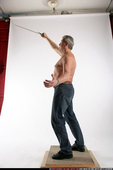 Man Old Chubby White Fighting with sword Standing poses Pants