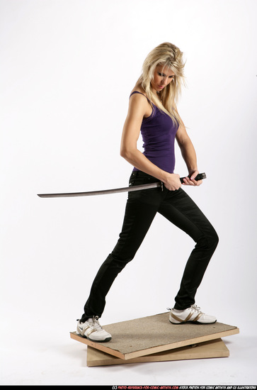 Woman Adult Athletic White Fighting with sword Standing poses Sportswear