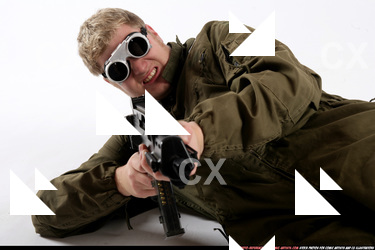 Man Adult Average White Fighting with submachine gun Laying poses Army