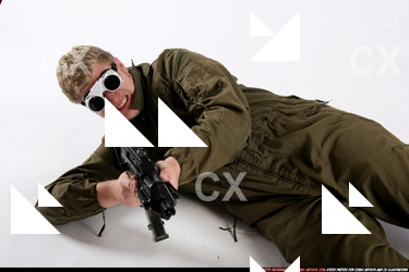 Man Adult Average White Fighting with submachine gun Laying poses Army
