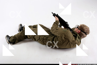 Man Adult Average White Fighting with submachine gun Laying poses Army