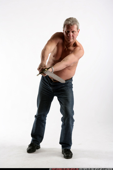 Man Old Chubby White Fighting with sword Standing poses Pants