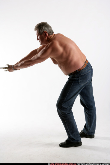 Man Old Chubby White Fighting with sword Standing poses Pants