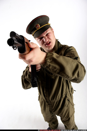Man Young Average White Fighting with submachine gun Standing poses Army