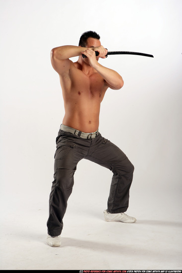 Man Adult Athletic White Fighting with sword Standing poses Pants