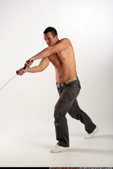 Man Adult Athletic White Fighting with sword Moving poses Pants