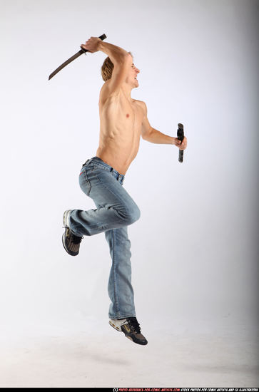 Man Young Athletic White Fighting with sword Moving poses Pants
