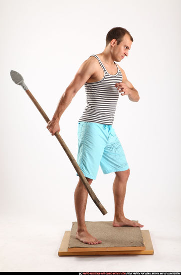 Man Adult Athletic White Fighting with spear Standing poses Sportswear