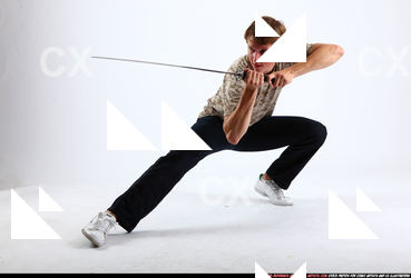 Man Young Athletic White Fighting with sword Kneeling poses Sportswear