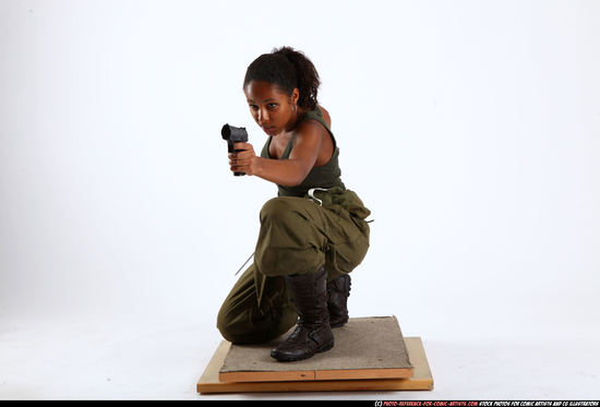 Woman Young Athletic Black Fighting with gun Kneeling poses Army