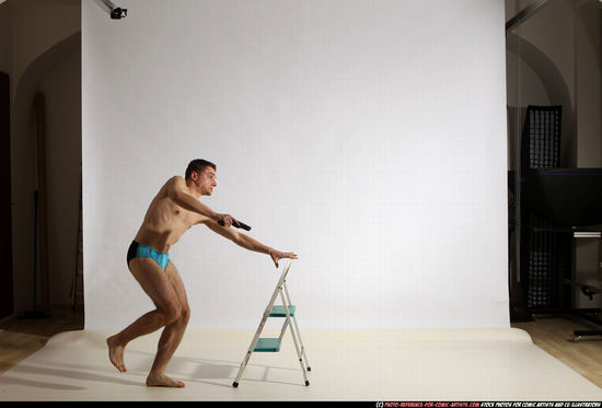 Man Adult Athletic White Fighting with gun Moving poses Underwear