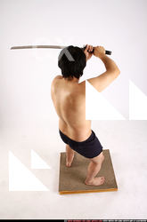 Man Adult Average Fighting with sword Standing poses Underwear Asian