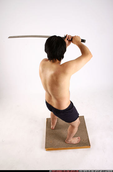 Man Adult Average Fighting with sword Standing poses Underwear Asian