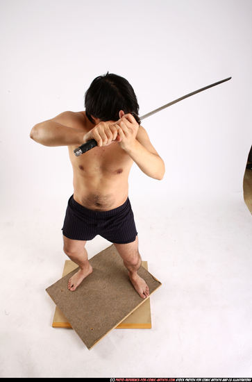 Man Adult Average Fighting with sword Standing poses Underwear Asian