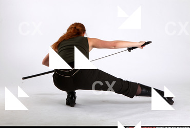 Woman Adult Athletic White Fighting with sword Kneeling poses Casual