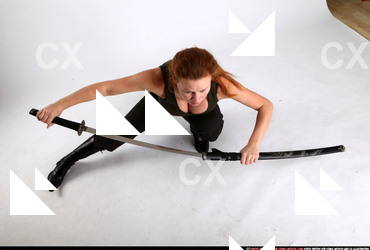 Woman Adult Athletic White Fighting with sword Kneeling poses Casual