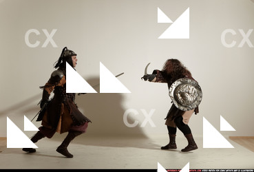 Adult Average White Fighting with sword Moving poses Army Men