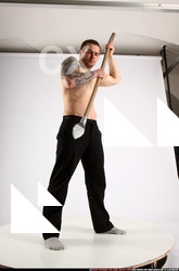 Man Adult Athletic White Fighting with spear Standing poses Pants