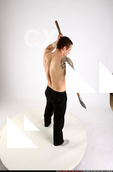 Man Adult Athletic White Fighting with spear Standing poses Pants