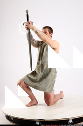 Man Adult Athletic White Fighting with sword Kneeling poses Army