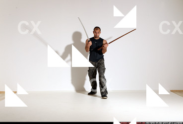 Man Adult Athletic White Fighting with sword Moving poses Casual