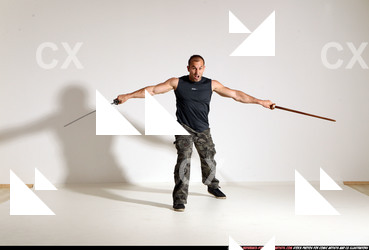 Man Adult Athletic White Fighting with sword Moving poses Casual