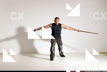 Man Adult Athletic White Fighting with sword Moving poses Casual