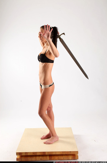 Woman Young Athletic White Fighting with sword Standing poses Underwear