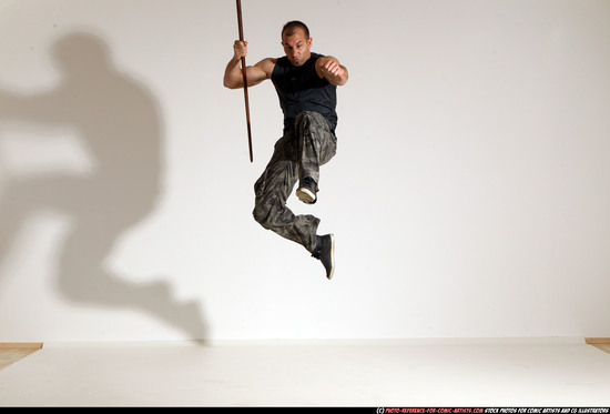 Man Adult Athletic White Fighting with sword Moving poses Casual