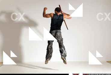 Man Adult Athletic White Fighting with sword Moving poses Casual