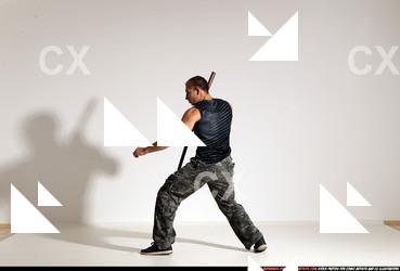 Man Adult Athletic White Fighting with sword Moving poses Casual