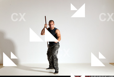 Man Adult Athletic White Fighting with sword Moving poses Casual
