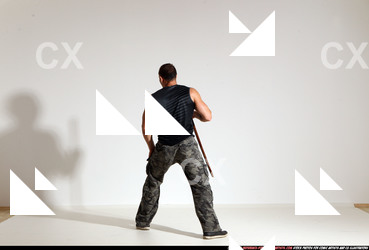 Man Adult Athletic White Fighting with sword Moving poses Casual
