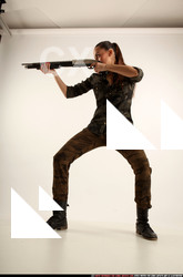 Woman Young Athletic White Standing poses Army Fighting with shotgun