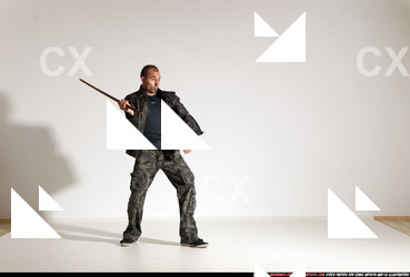 Man Adult Athletic White Fighting with sword Moving poses Jacket