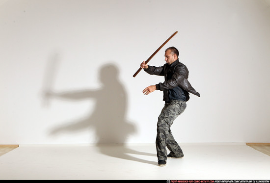 Man Adult Athletic White Fighting with sword Moving poses Jacket