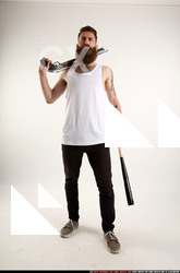Man Adult Athletic White Standing poses Casual Fighting with shotgun