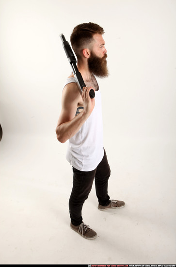 Man Adult Athletic White Standing poses Casual Fighting with shotgun