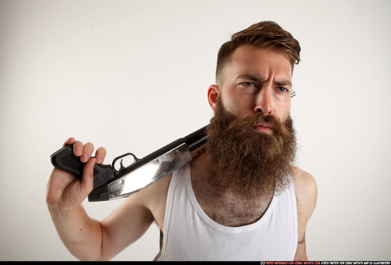 Man Adult Athletic White Standing poses Casual Fighting with shotgun