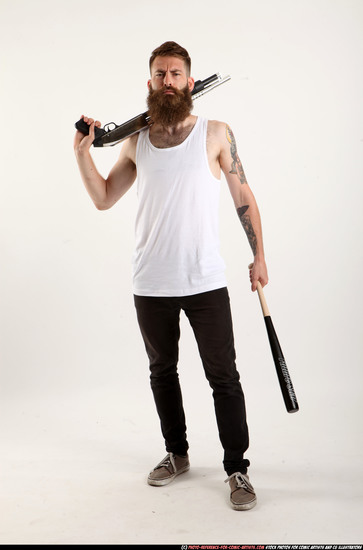 Man Adult Athletic White Standing poses Casual Fighting with shotgun
