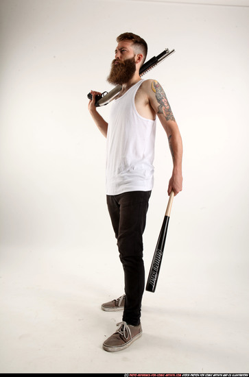 Man Adult Athletic White Standing poses Casual Fighting with shotgun
