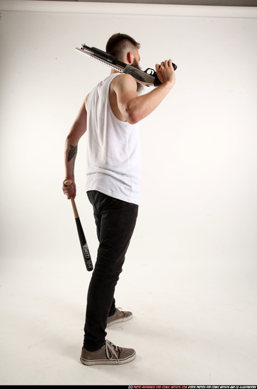 Man Adult Athletic White Standing poses Casual Fighting with shotgun