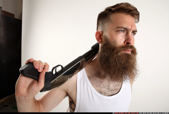 Man Adult Athletic White Standing poses Casual Fighting with shotgun
